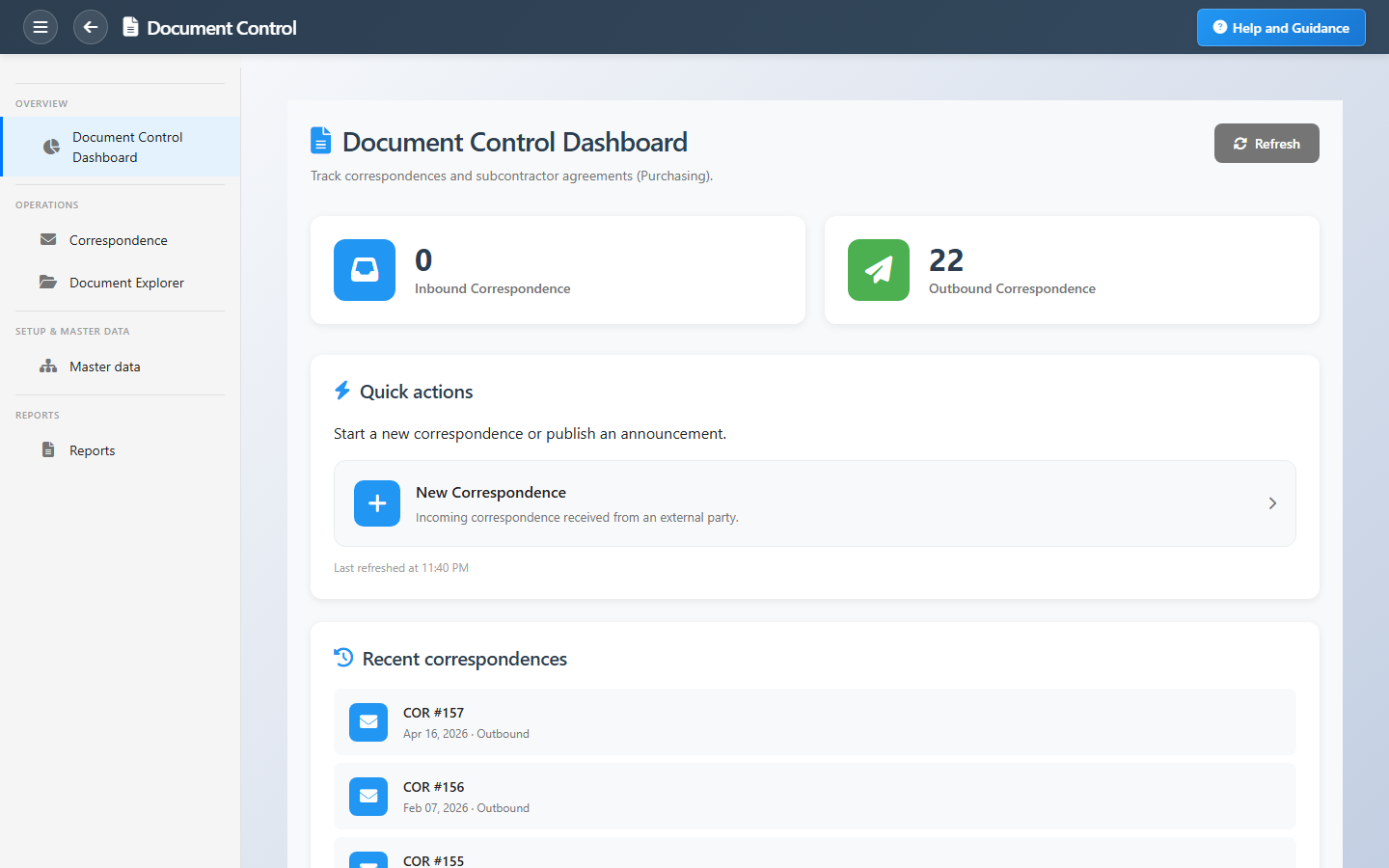 Document Control Dashboard Interface
