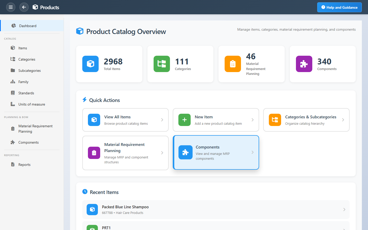 Products Dashboard Interface
