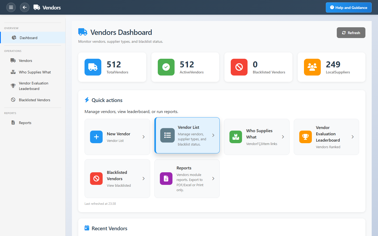 Vendors Dashboard Interface