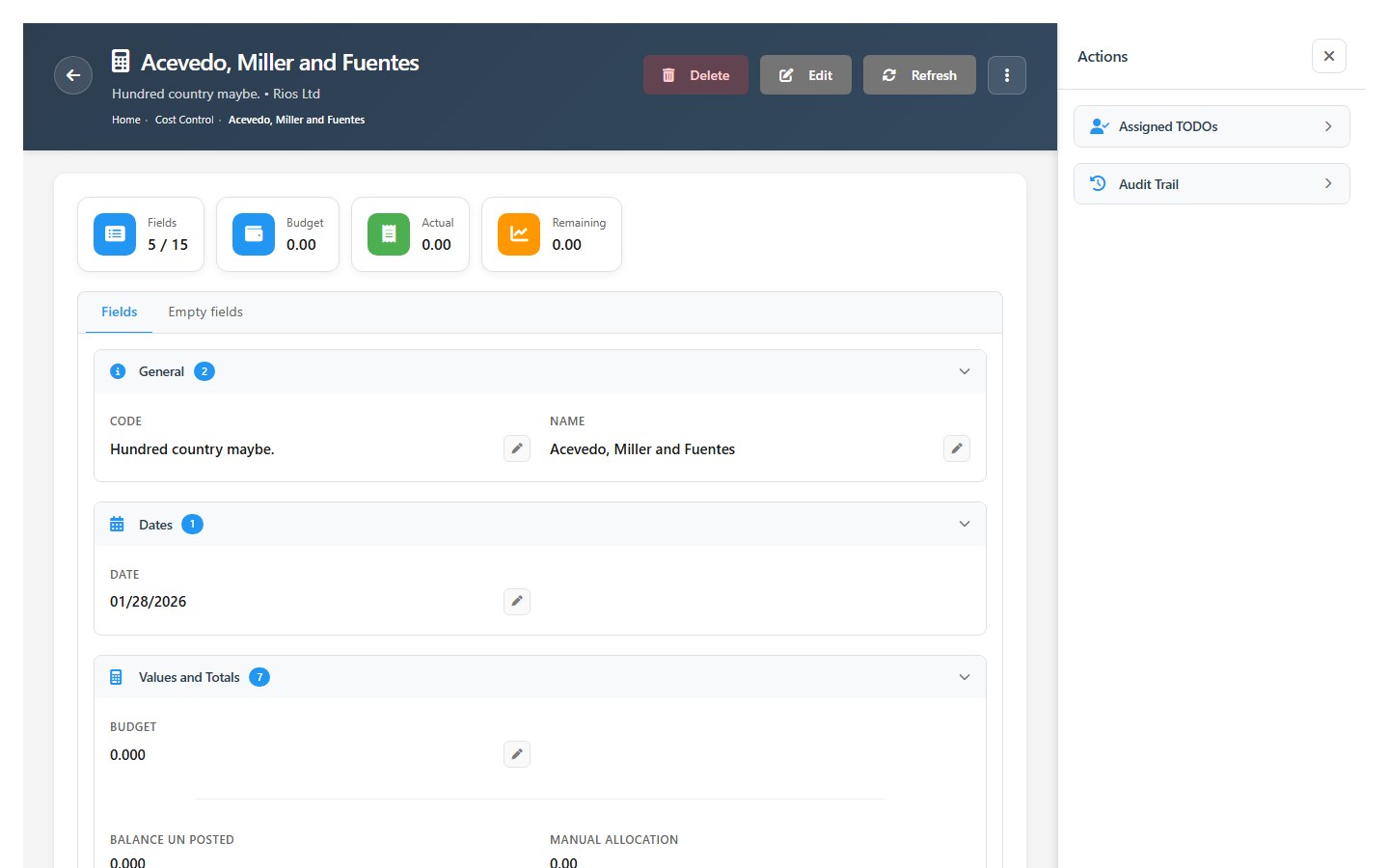 Cost center detail — budget & balances